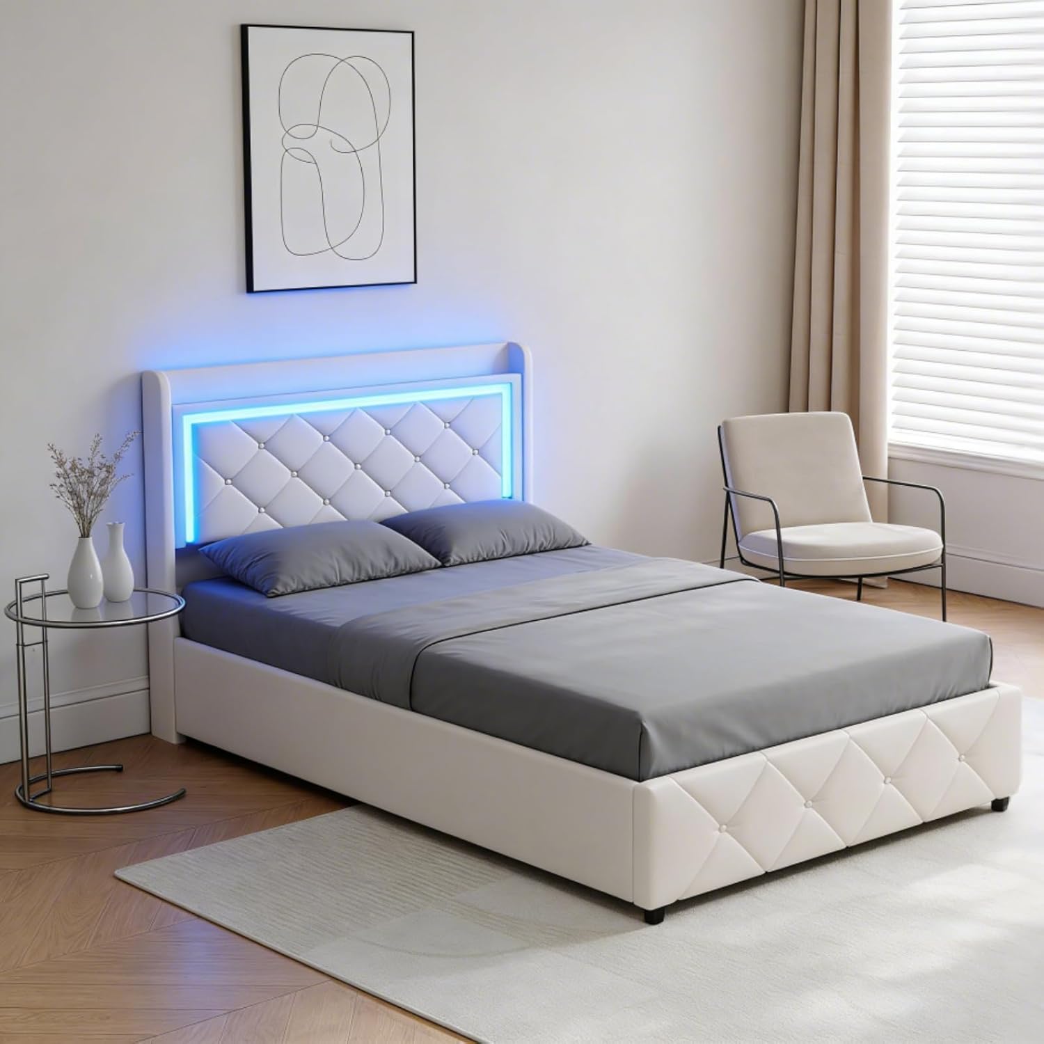 Lit Coffre Capitonné 140 x 200 cm – Tête de Lit Hydraulique & Sommier à Lattes – Flanelle Blanc Cassé