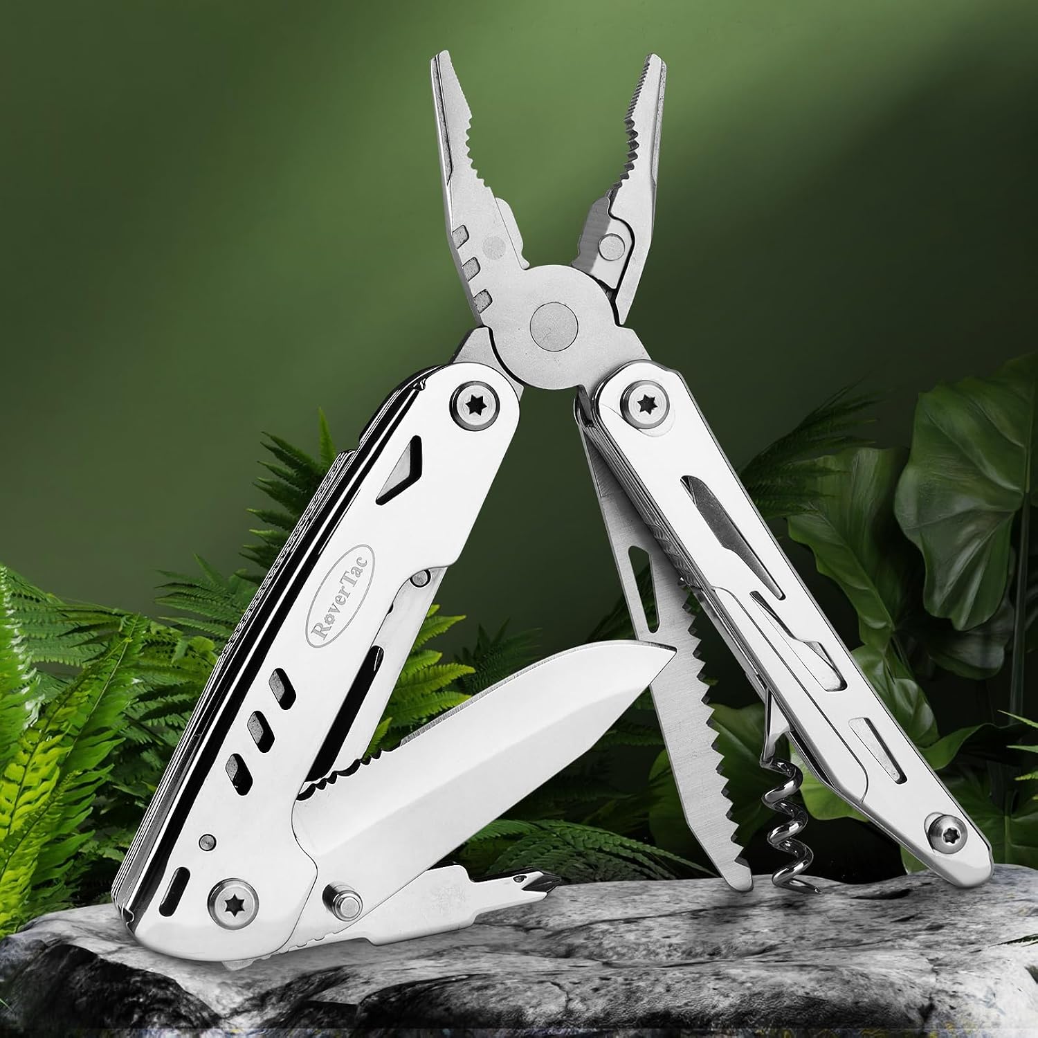 RoverTac Multitool zakmes tactisch survivalmes camping geschenken voor mannen papa echtgenoot 18 in 1 multi-tool mes tang schaar kurkentrekker 9-pack schroevendraaier
