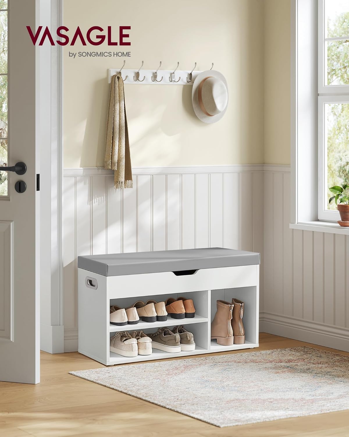 Banc à Chaussures Rembourré VASAGLE – Rangement 3 Compartiments, Style Vintage, 80 cm