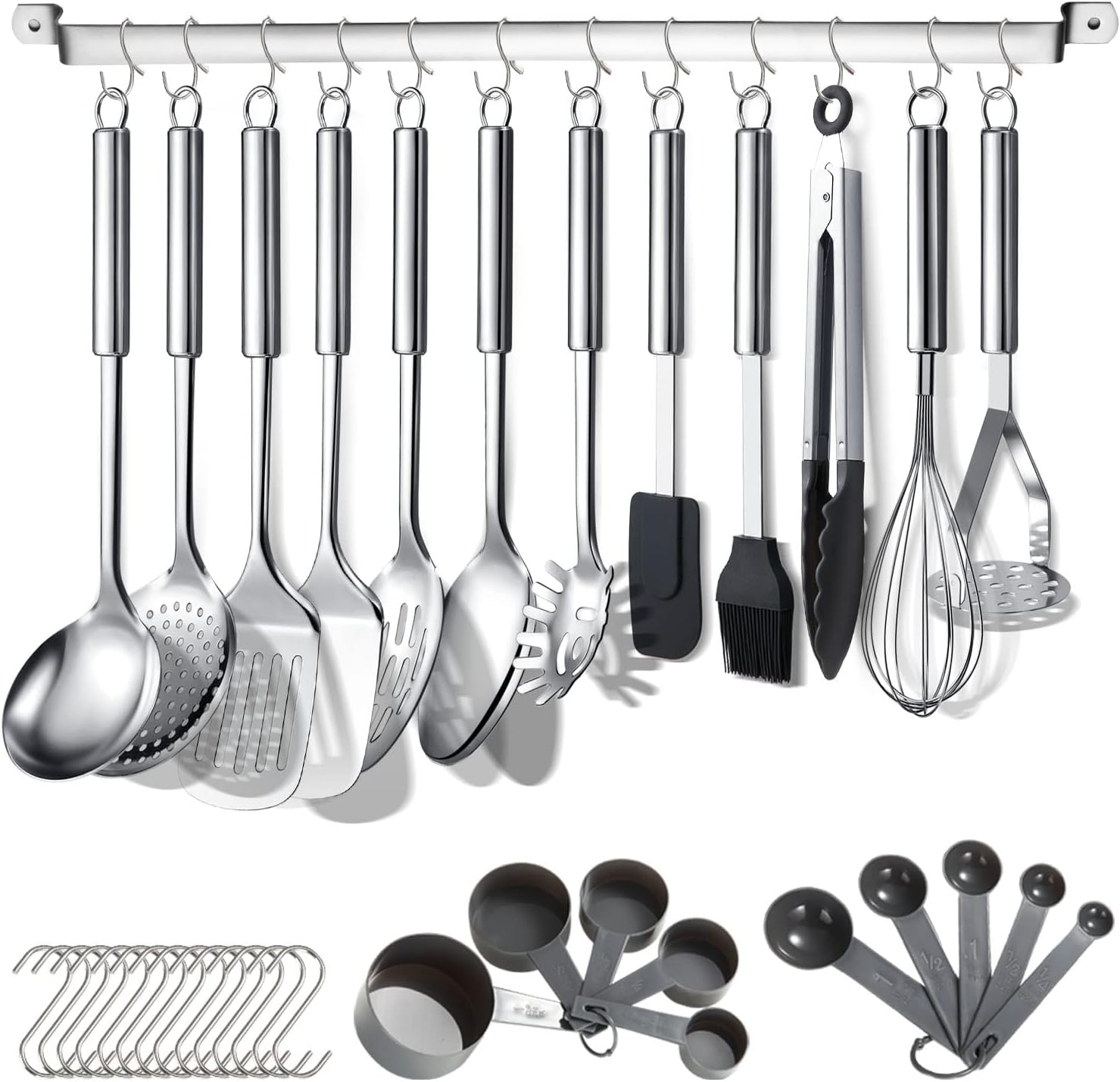Set 38 Pièces Ustensiles de Cuisine Berglander – Inox, Support & Crochets Inclus, Lave-Vaisselle