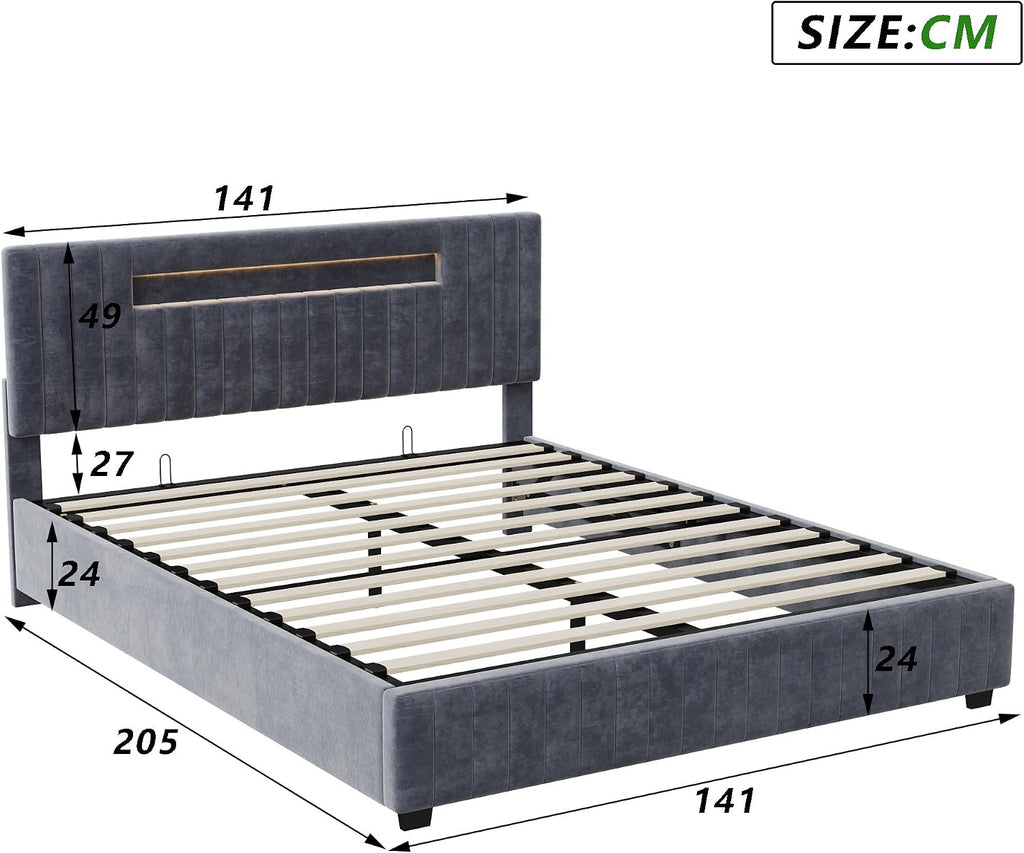 Lit Coffre LED RGB & Port USB | Rangement Hydraulique | Tête de Lit Rembourrée avec Étagères | 90 à 160 x 200 cm
