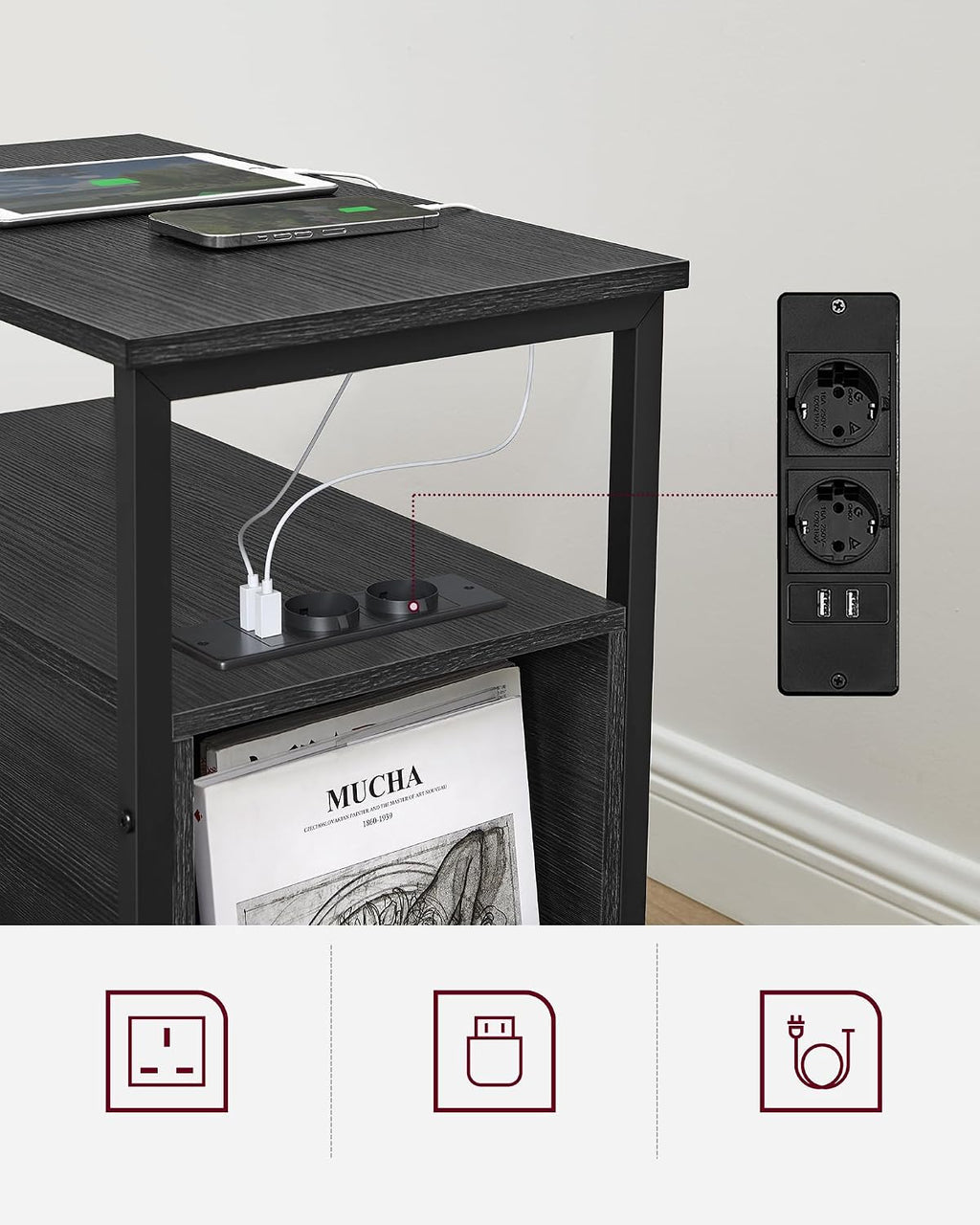 Table de Chevet VASAGLE avec Multiprise – 2 Tiroirs, USB, Style Vintage, 35 x 61 cm