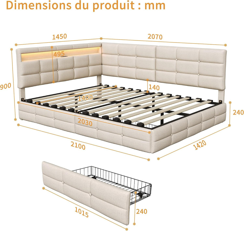 Lit Coffre 90x200 cm – Tête de Lit Rangement, Éclairage LED 16 Couleurs & Ports USB/USB-C