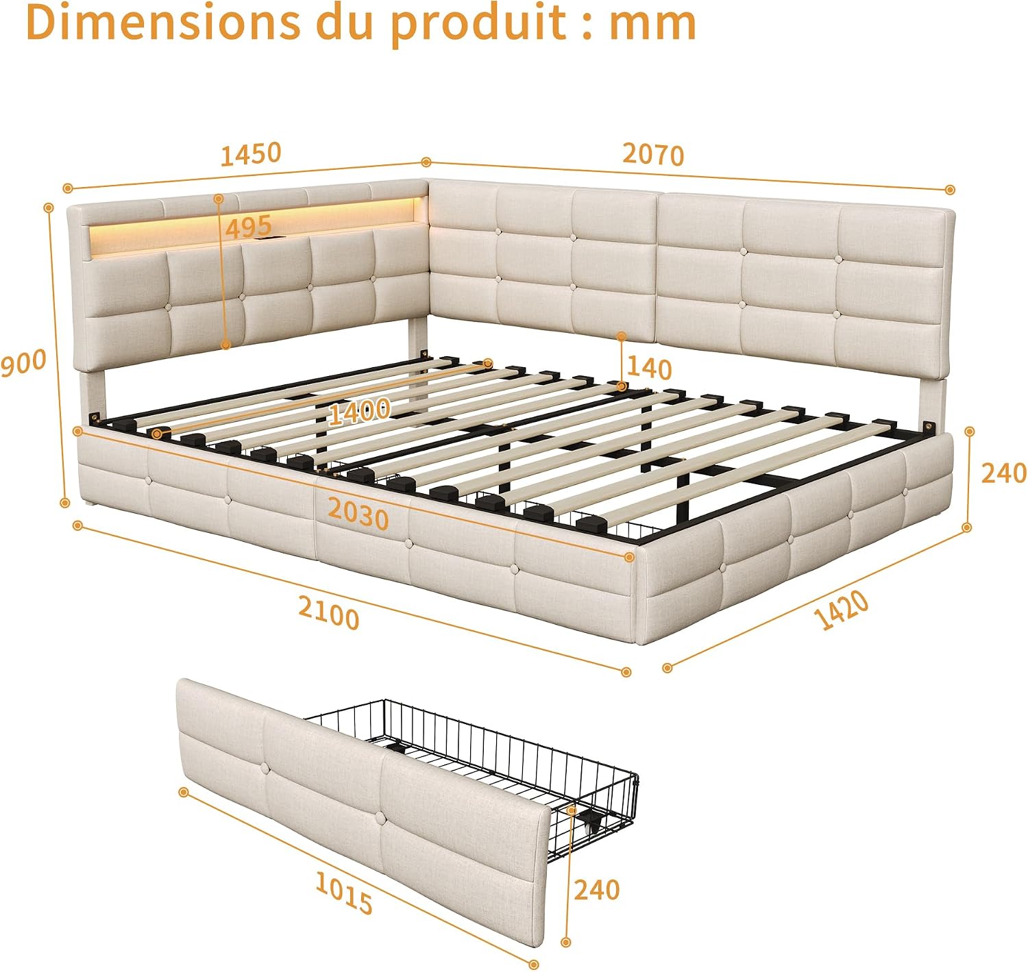 Lit Coffre 90x200 cm – Tête de Lit Rangement, Éclairage LED 16 Couleurs & Ports USB/USB-C