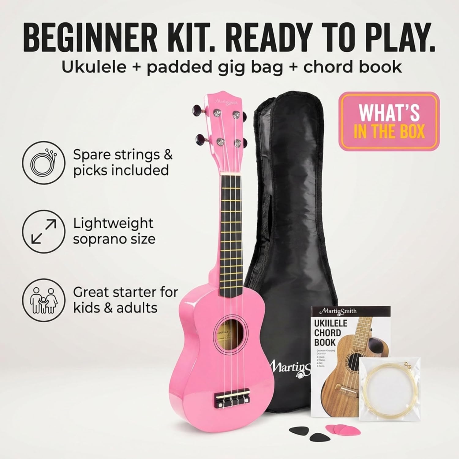 Martin Smith UK-212-PNK-A Ukelele Met Ukelele Tas Roze Design