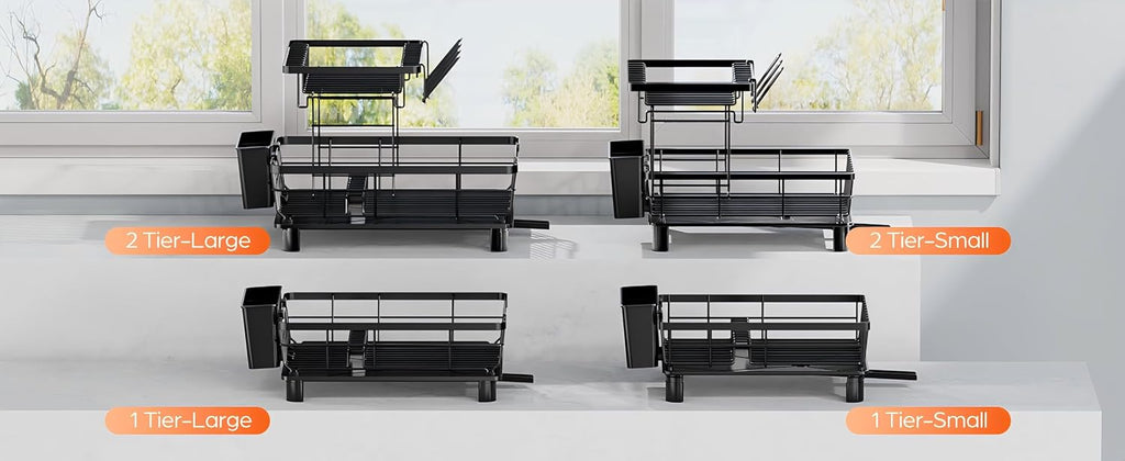 Égouttoir à Vaisselle Inox LIONONLY – Drainage Auto 360°, Porte-Ustensiles, 38 x 29 cm, Noir