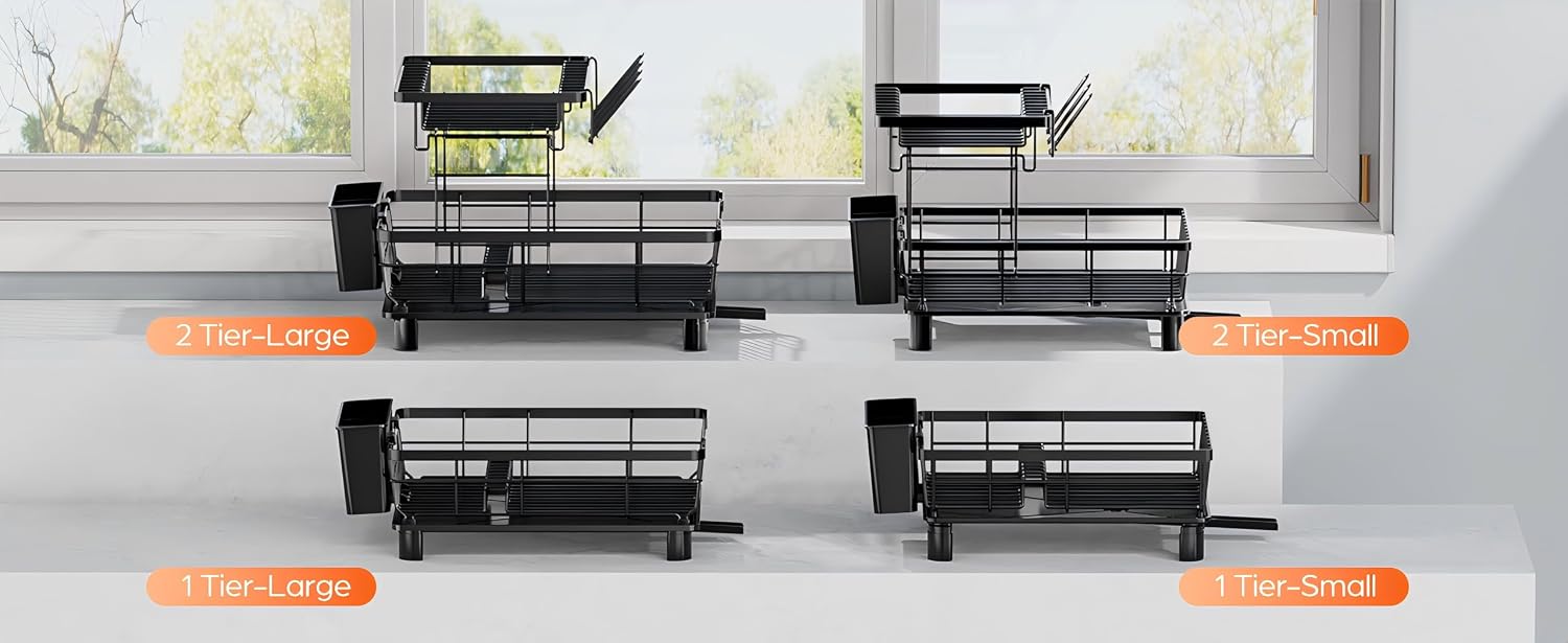 Égouttoir à Vaisselle Inox LIONONLY – Drainage Auto 360°, Porte-Ustensiles, 38 x 29 cm, Noir