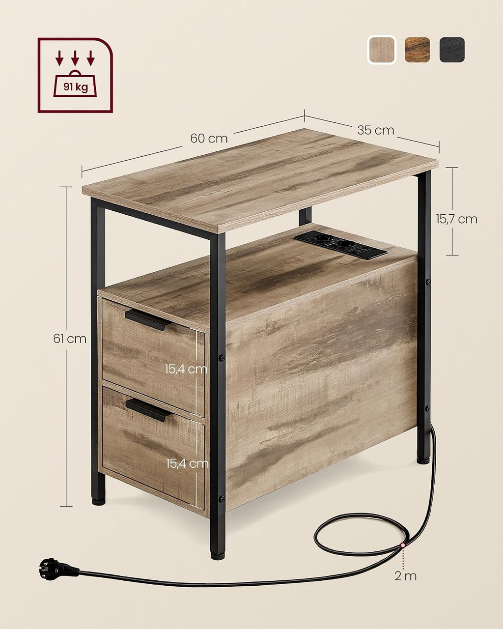 Table de Chevet VASAGLE avec Multiprise – 2 Tiroirs, USB, Style Vintage, 35 x 61 cm