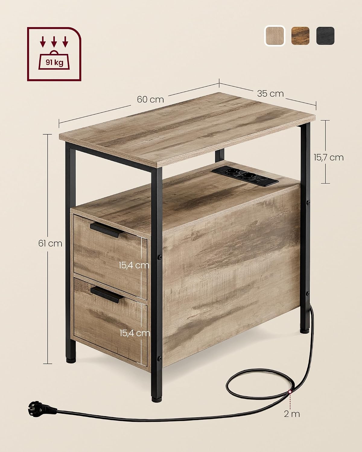 Table de Chevet VASAGLE avec Multiprise – 2 Tiroirs, USB, Style Vintage, 35 x 61 cm