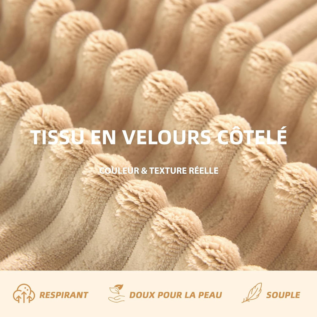 Canapé d'angle modulable Litbird – 3 places + pouf – Velours côtelé beige – Sans montage