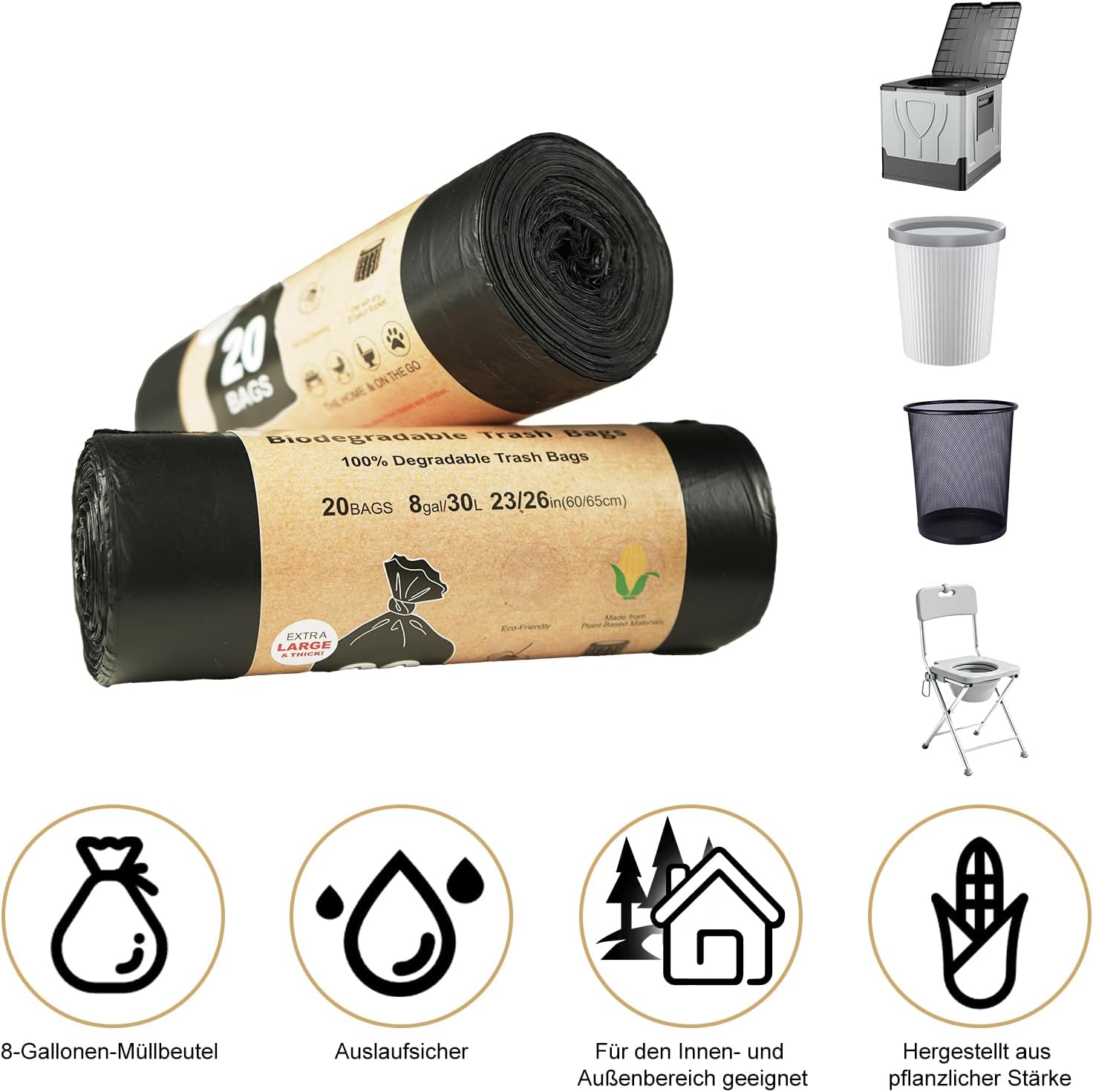 100 stuks campingtoilettzakken, zwart, 30 liter, biologisch afbreekbaar, voor wandelen, alle campingtoiletten, waterdicht, extra dik, scheidbare toiletaccessoires