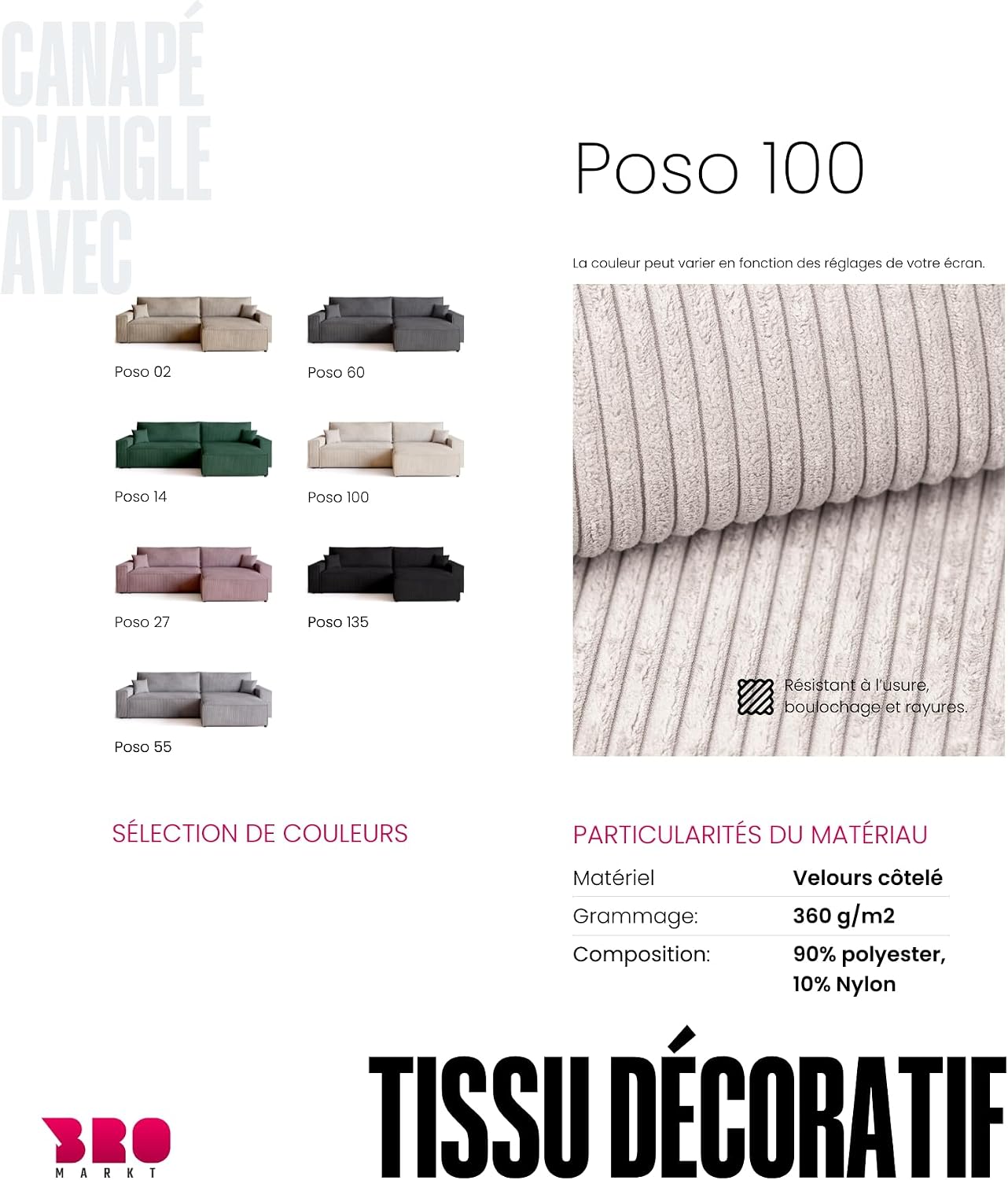 Canapé d'angle convertible BROMARKT ADI XL – 3 places – Velours côtelé vanille – Coffre de rangement