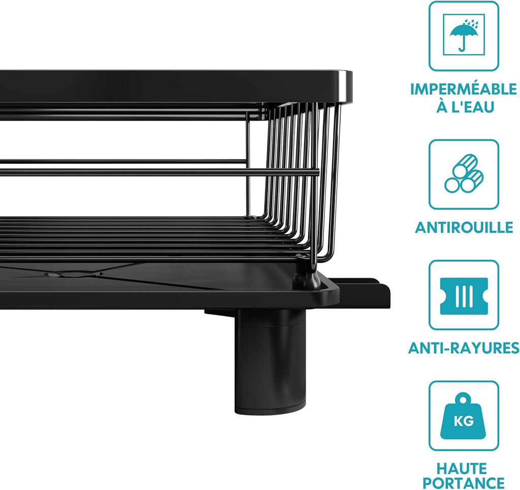 Égouttoir à Vaisselle MAJALiS Noir – Inox, Drainage Auto 360°, Porte-ustensiles, 38 x 28 cm