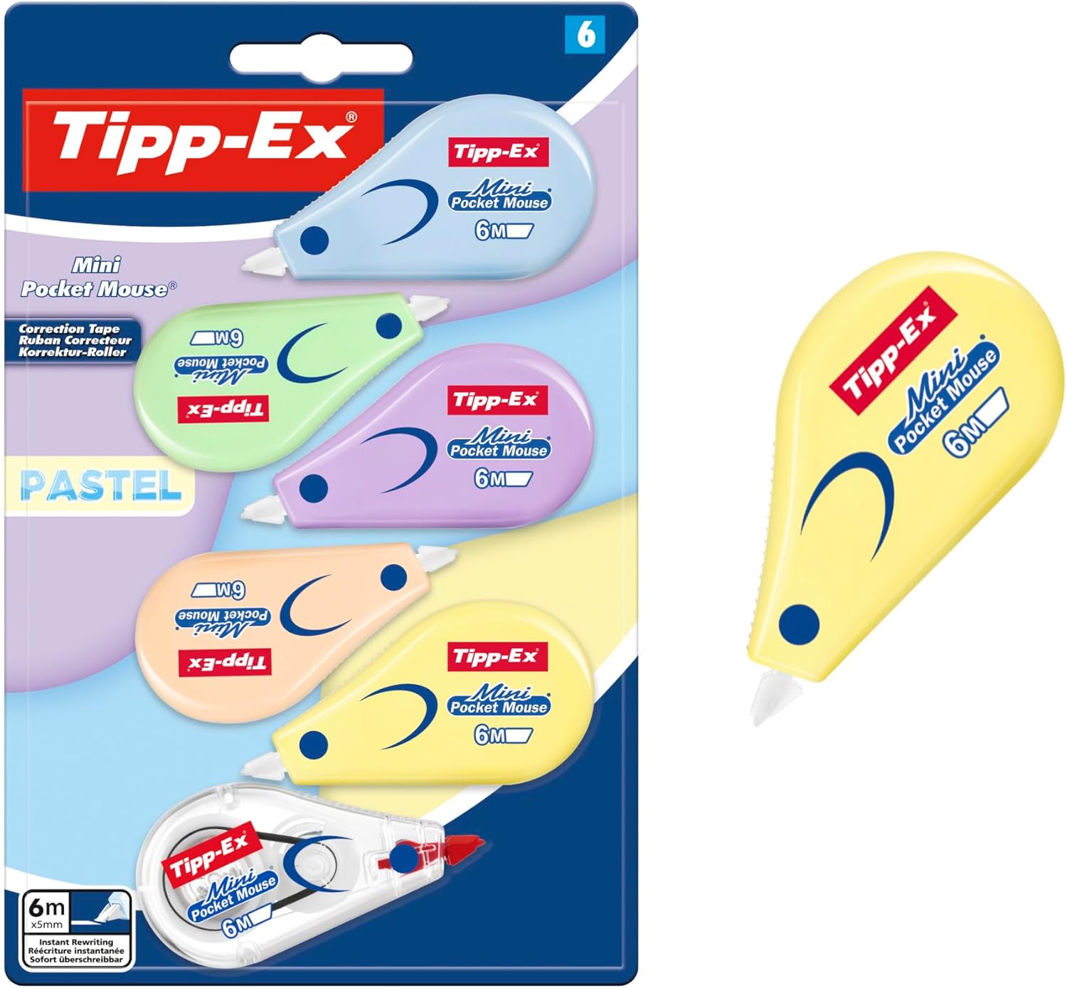 Tipp-Ex Mini Pocket Mouse Pastel Correction Tape (6 m x 5 mm) - 5 Pastel Colours and 1 Transparent, Pack of 6