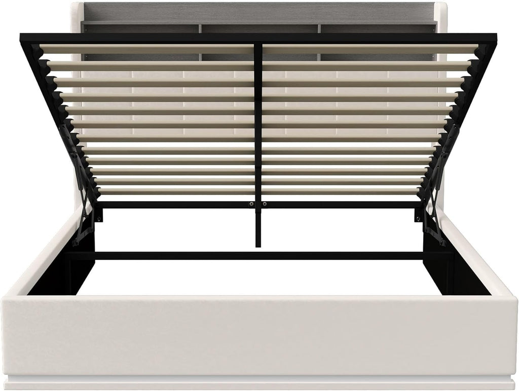 Lit Coffre LED RGB & Port USB | Rangement Hydraulique | Tête de Lit Rembourrée avec Étagères | 90 à 160 x 200 cm