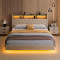 Lit Double 160 x 200 cm avec Éclairage LED & Prise Intégrée – Tête de Lit Capitonnée avec Rangement – Effet Flottant – Beige