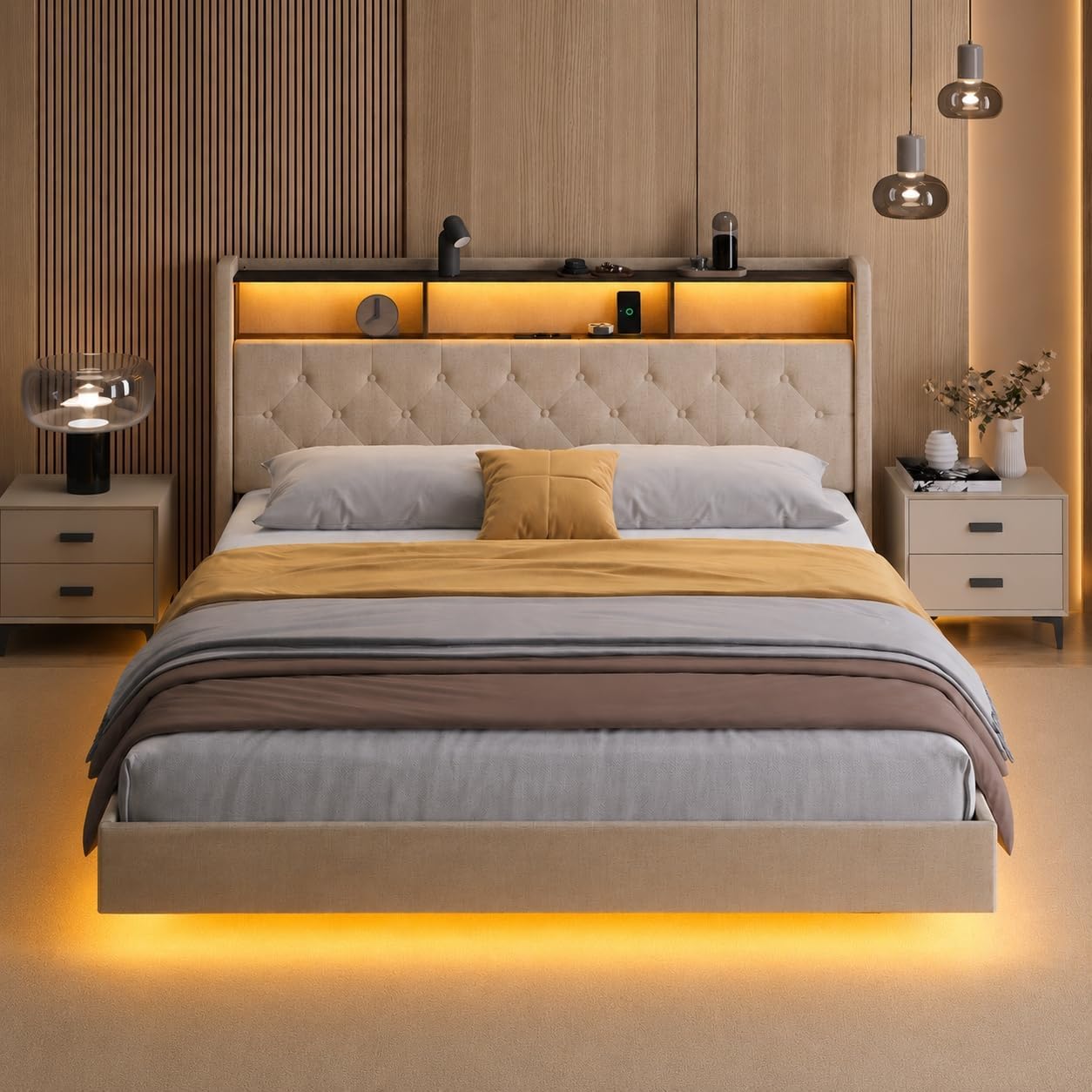 Lit Double 160 x 200 cm avec Éclairage LED & Prise Intégrée – Tête de Lit Capitonnée avec Rangement – Effet Flottant – Beige