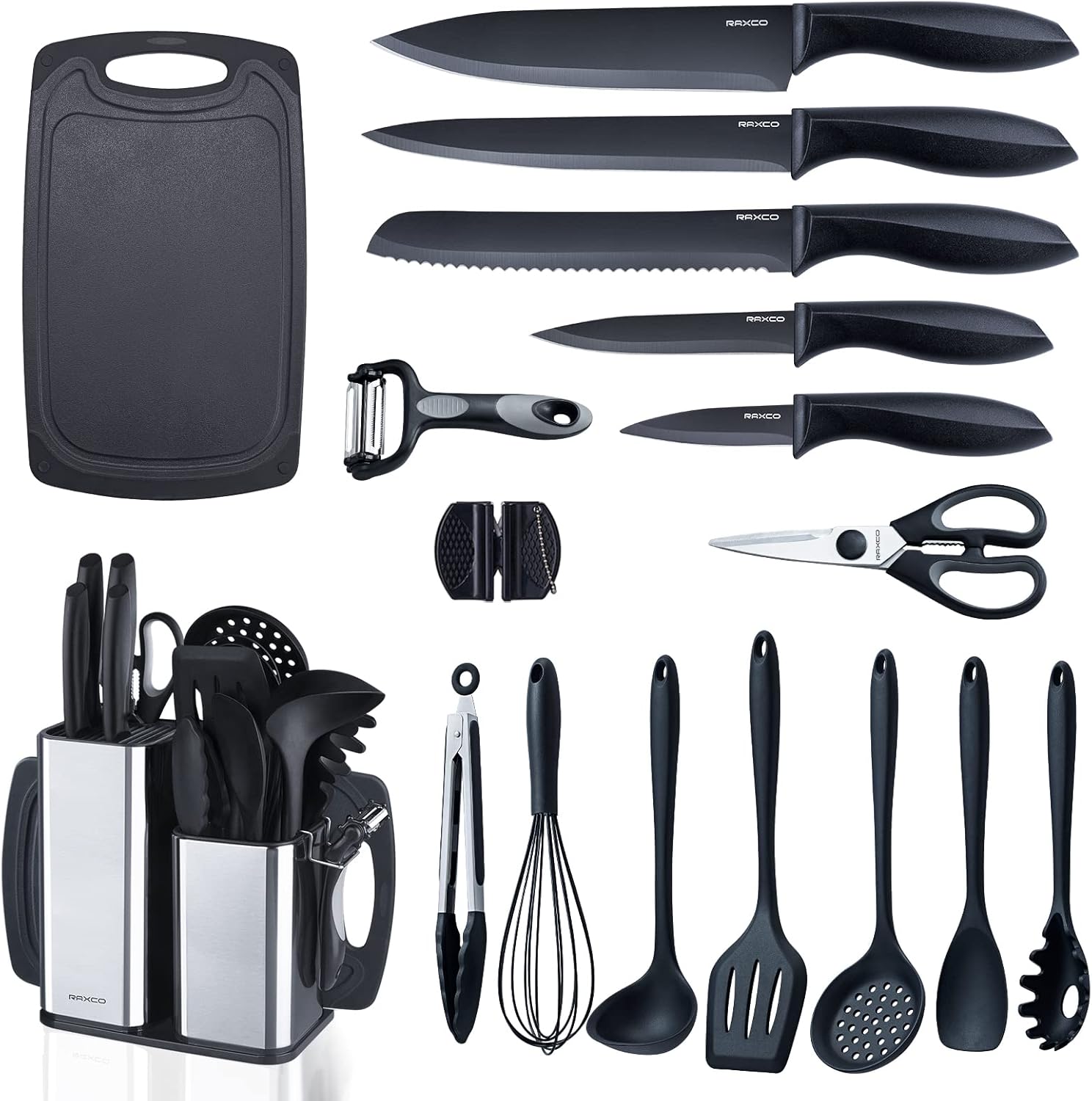 Set de Cuisine RAXCO 18 Pièces — 5 Couteaux Inox + 7 Spatules Silicone + Bloc