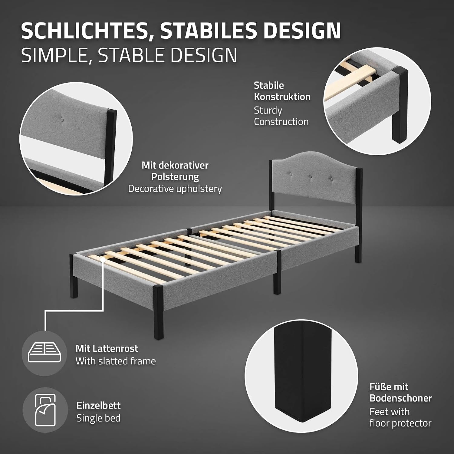Lit Rembourré ML-Design | Cadre en Acier, Sommier à Lattes, Tête de Lit | Tissu Lin Beige ou Gris | 90/140/160/180 x 200 cm
