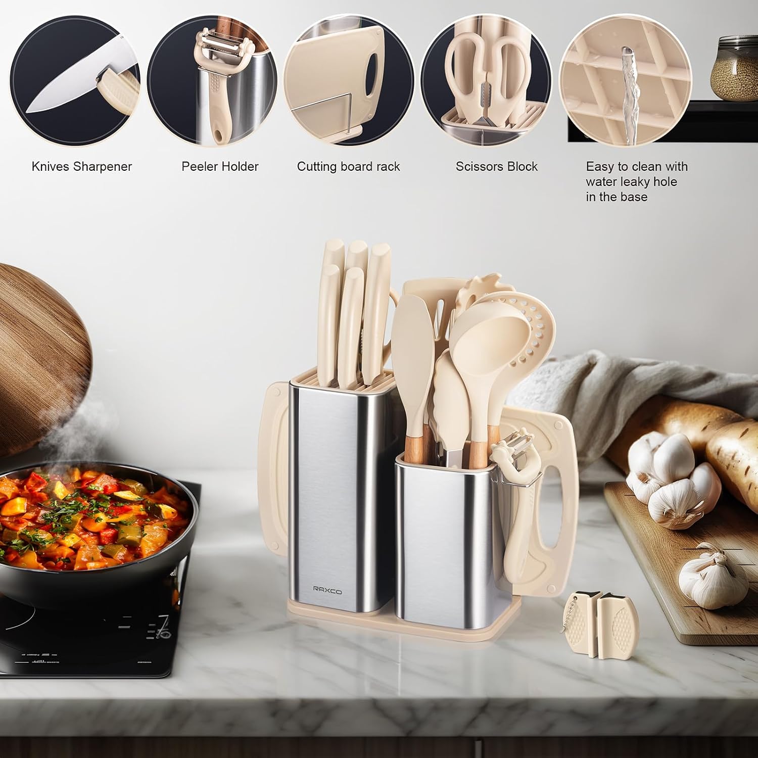 Set de Cuisine RAXCO 18 Pièces — 5 Couteaux Inox + 7 Spatules Silicone + Bloc