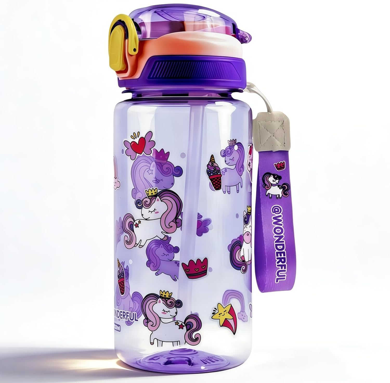 Children's Water Bottle, 600 ml, Sturdy and Shatterproof, Leak-Proof with Straw, BPA-Free, Beautiful Water Bottle for Girls and Boys Suitable for School Travel, Portable