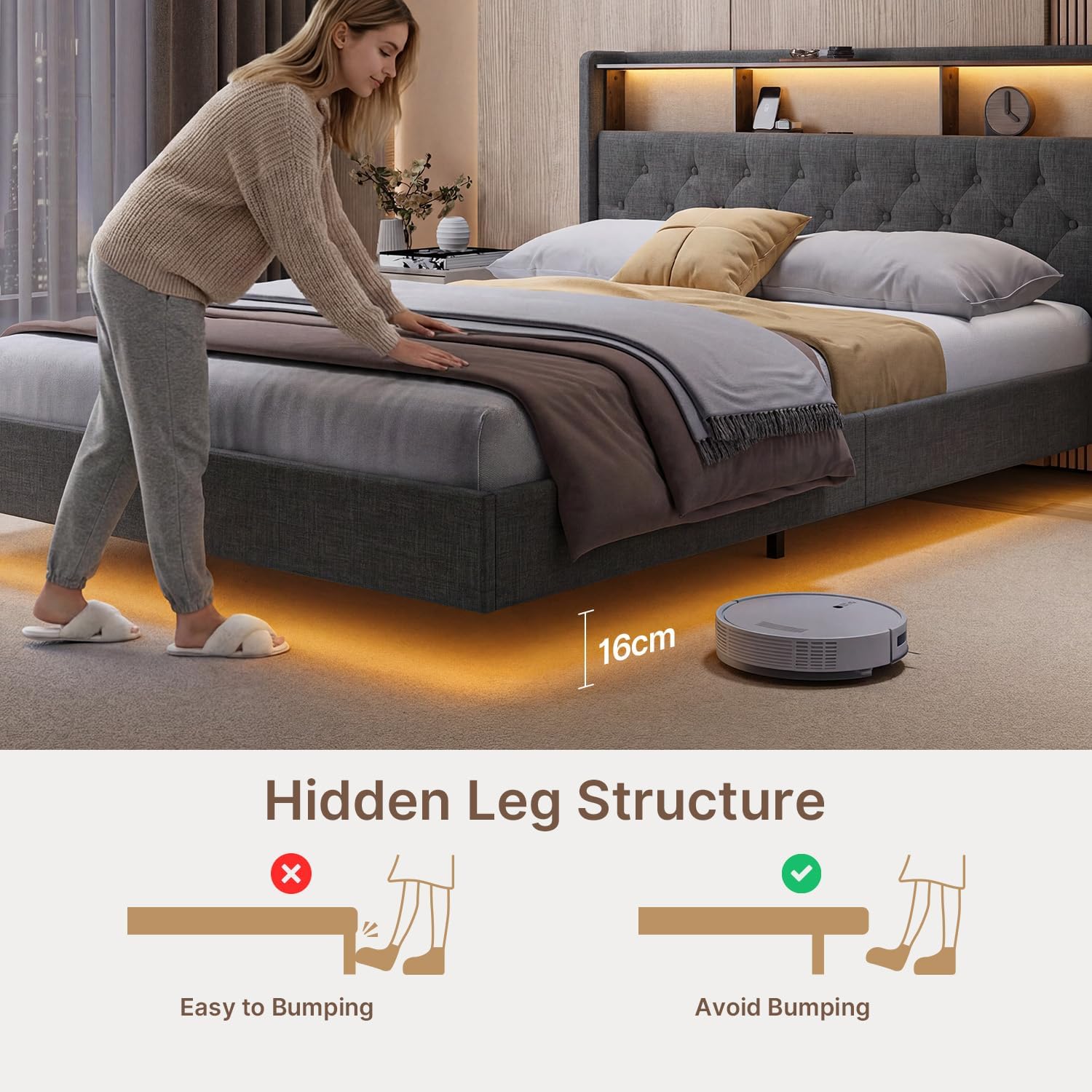 Lit Double 160 x 200 cm avec Éclairage LED & Prise Intégrée – Tête de Lit Capitonnée avec Rangement – Effet Flottant – Beige