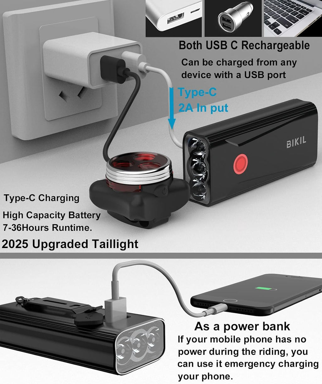 Bikil Fietslicht, 6400 mAh, oplaadbaar, USB C, fietsverlichting met led, krachtig, 2400 lumen, fietslicht voor en achter, waterdicht, fietslamp, voor mountainbike, hardlopen, fietser | Oplaadbare en IPX5 waterdichte led-fietsverlichting, ideaal voor stads