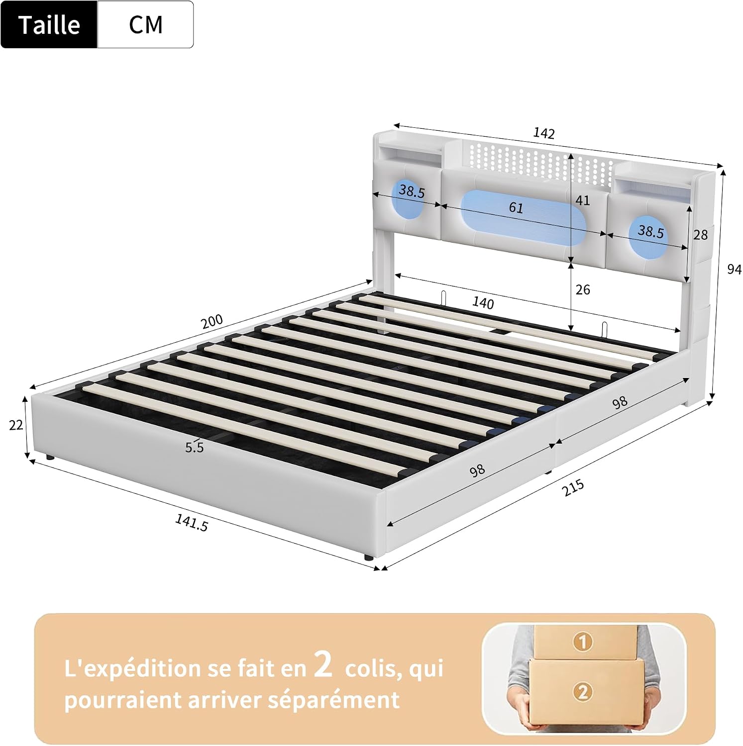 Lit Coffre LED RGB & Port USB | Rangement Hydraulique | Tête de Lit Rembourrée avec Étagères | 90 à 160 x 200 cm