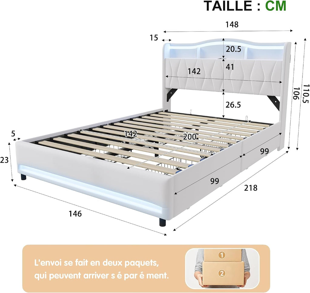 Lit Double 140x200 cm – 4 Tiroirs de Rangement, Éclairage LED +6000 Couleurs & Tête de Lit Réglable en PU