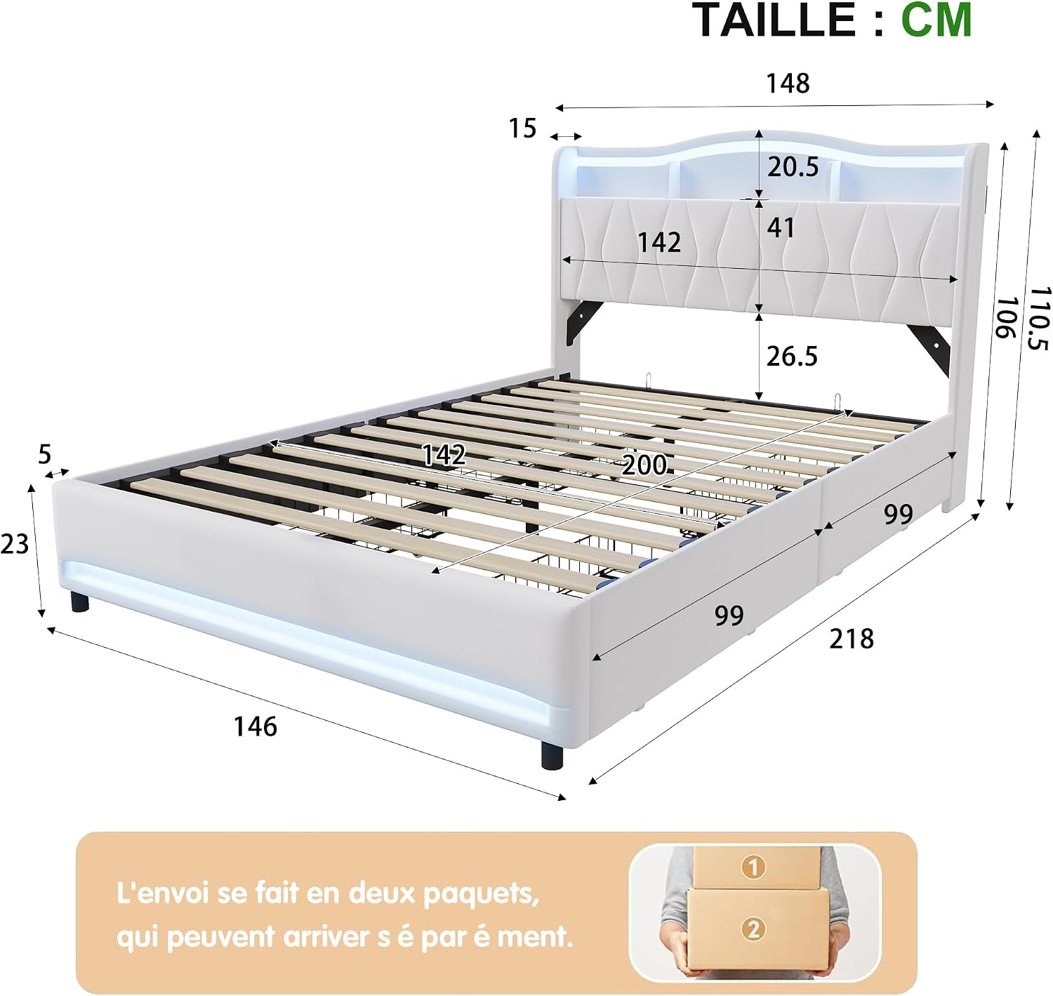 Lit Double 140x200 cm – 4 Tiroirs de Rangement, Éclairage LED +6000 Couleurs & Tête de Lit Réglable en PU