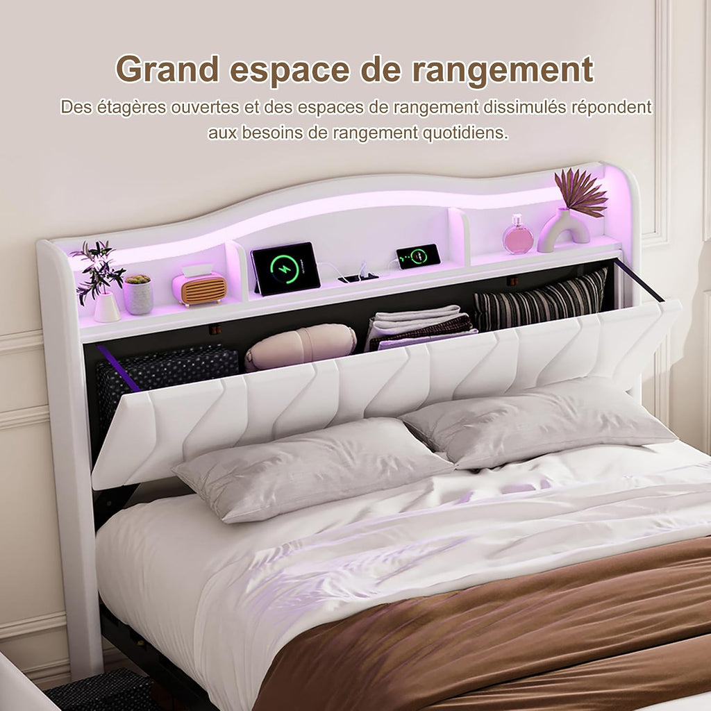 Lit Double 140x200 cm – 4 Tiroirs de Rangement, Éclairage LED +6000 Couleurs & Tête de Lit Réglable en PU