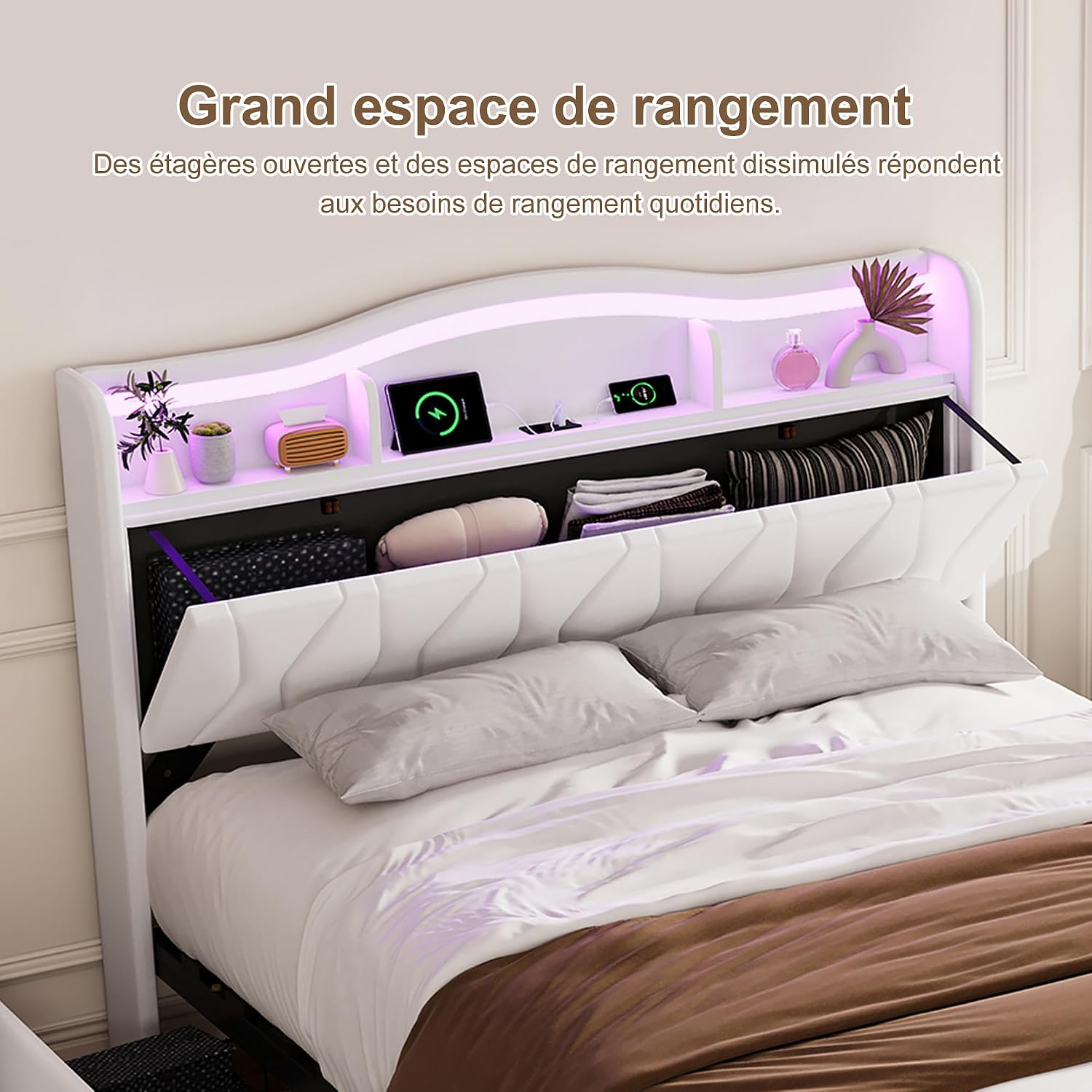 Lit Double 140x200 cm – 4 Tiroirs de Rangement, Éclairage LED +6000 Couleurs & Tête de Lit Réglable en PU