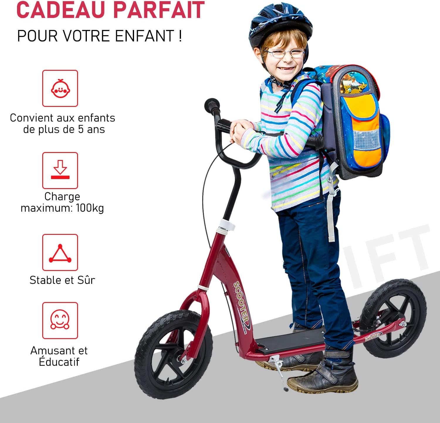 HOMCOM Scooter met banden, 30 cm, hoogte verstelbaar stuur, handgreep rem en standaard