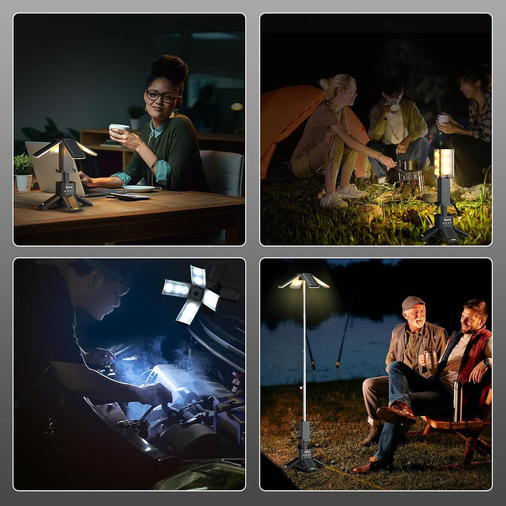 Clemas Telescopische campinglamp, oplaadbaar, 14000 mAh, led, multifunctioneel, magnetisch, camping, voor bouwplaats, draadloos, dimbaar, draagbaar, 6000 lm, IPX5