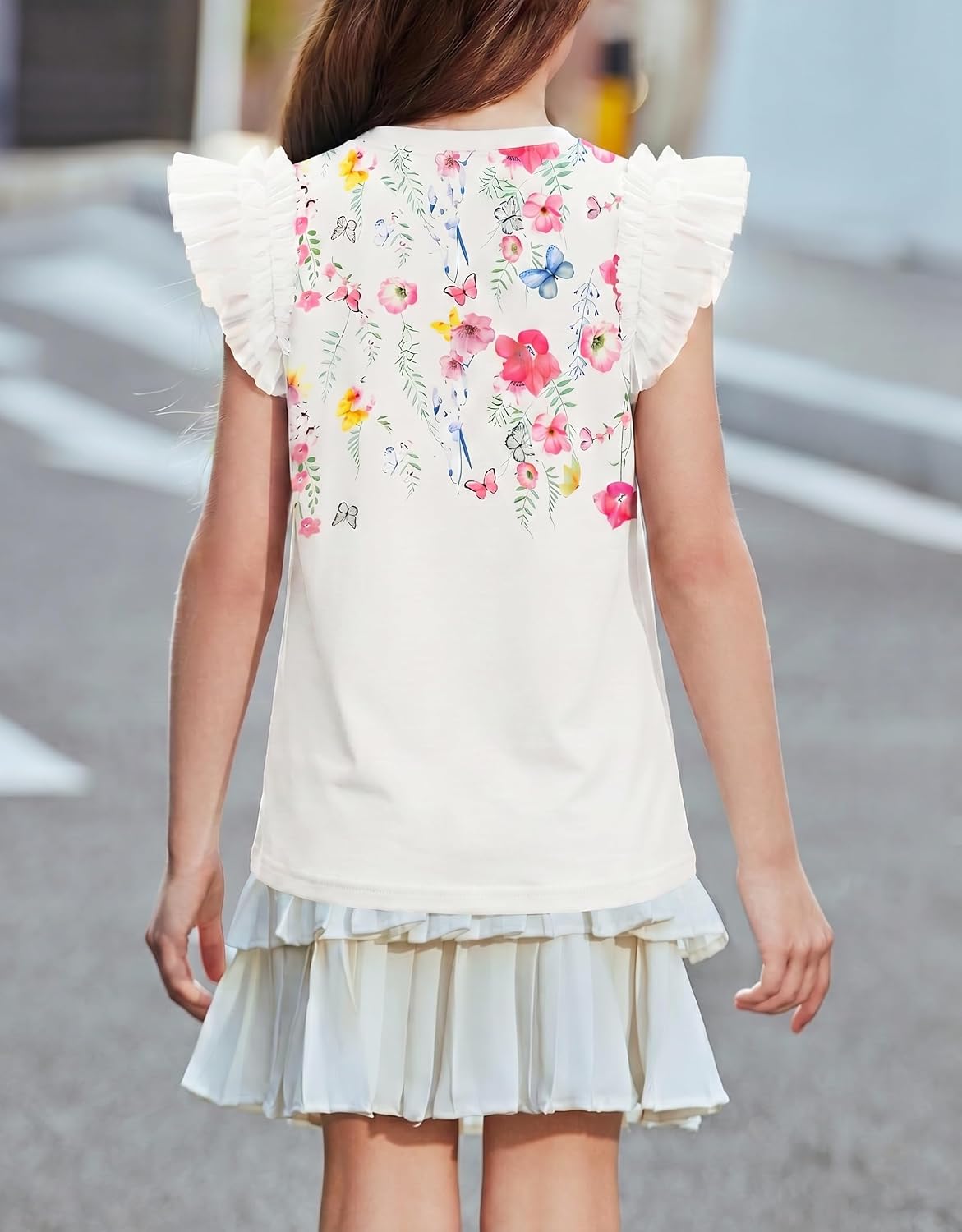 Arshiner T-shirt met kanten mouwen voor meisjes, zomertop, ronde hals, korte mouwen, casual, effen, 5-14 jaar