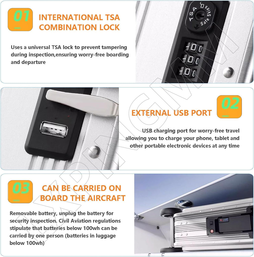 Valise électrique avec chargement USB, verrouillage TSA et fonction avant/arrière pour voyage intelligent, Argenté.