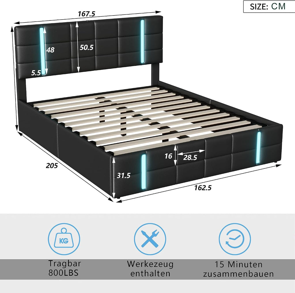 Lit Coffre LED RGB & Port USB | Rangement Hydraulique | Tête de Lit Rembourrée avec Étagères | 90 à 160 x 200 cm