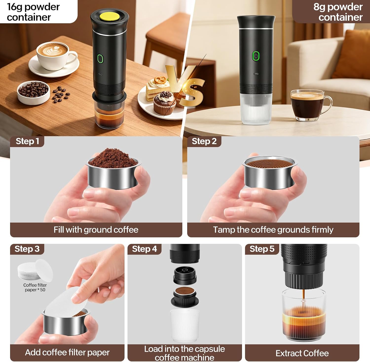 VHV Draagbaar koffiezetapparaat voor reizen, snelle verwarming, 3-in-1, draagbaar, 12 V, automatische verwarming van 4 tot 6 minuten, grote capsules, gemalen koffie, voor camping, kantoor, thuis