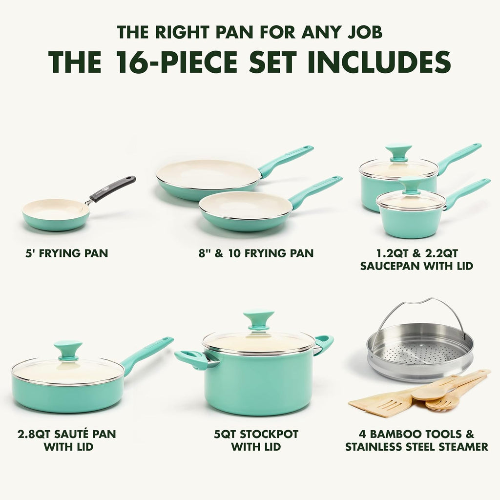 Batterie de Cuisine GreenPan Rio 16 Pièces — Céramique Sans PFAS, Four 160°C
