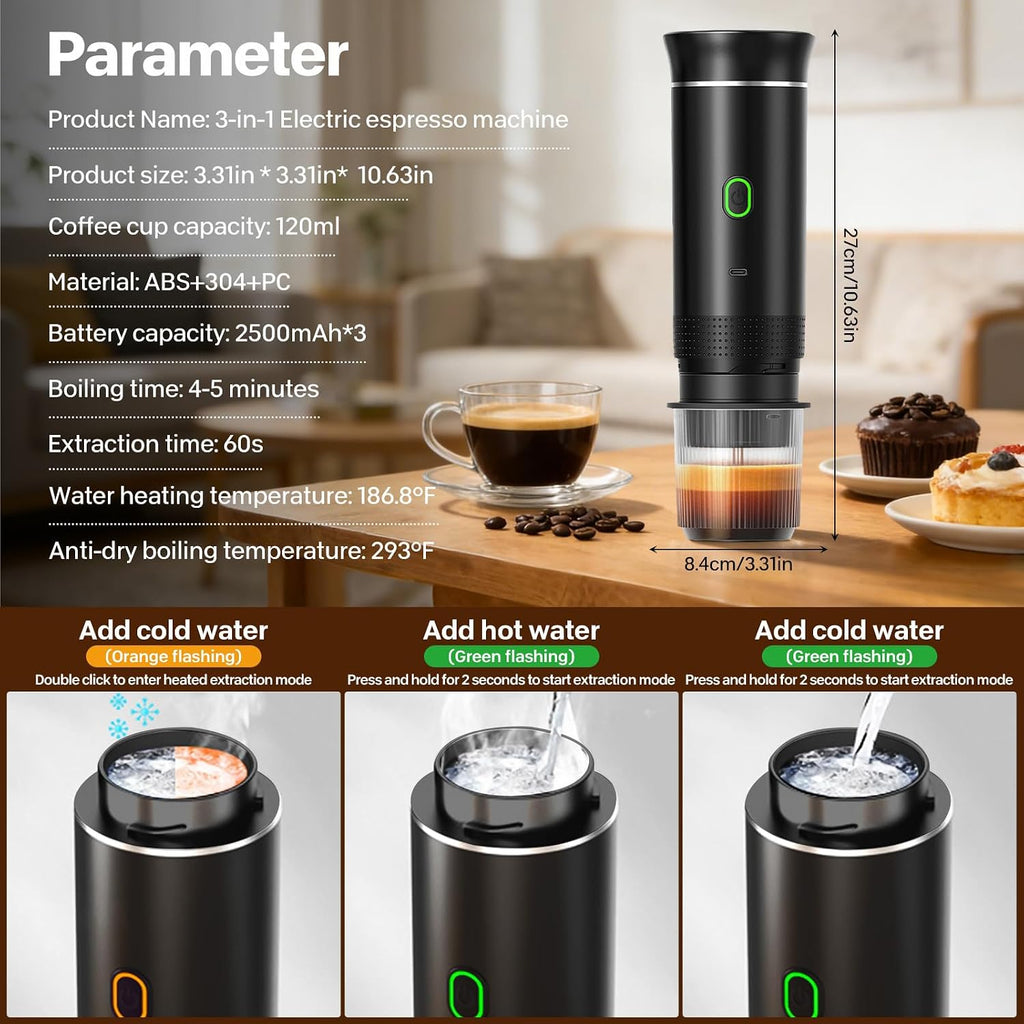 VHV Draagbaar koffiezetapparaat voor reizen, snelle verwarming, 3-in-1, draagbaar, 12 V, automatische verwarming van 4 tot 6 minuten, grote capsules, gemalen koffie, voor camping, kantoor, thuis