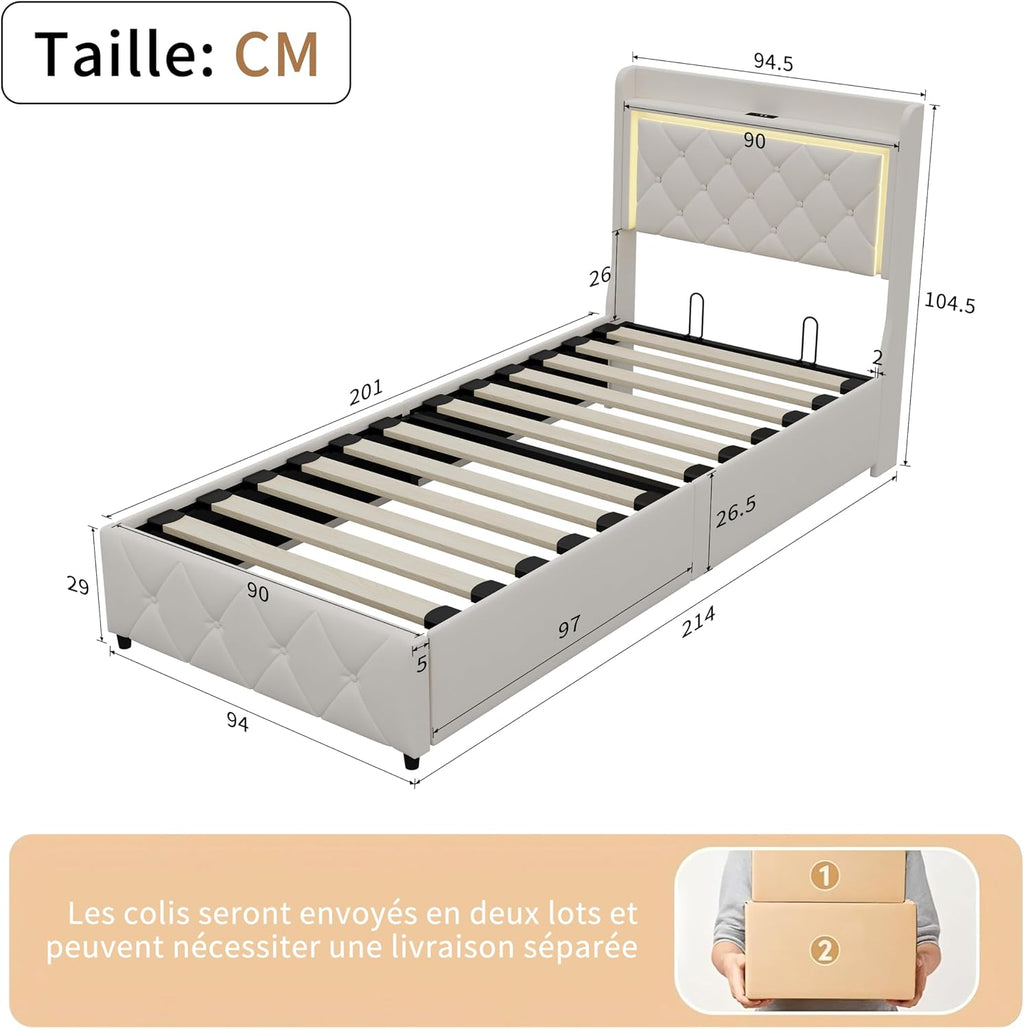 Lit Coffre Capitonné 140 x 200 cm – Tête de Lit Hydraulique & Sommier à Lattes – Flanelle Blanc Cassé