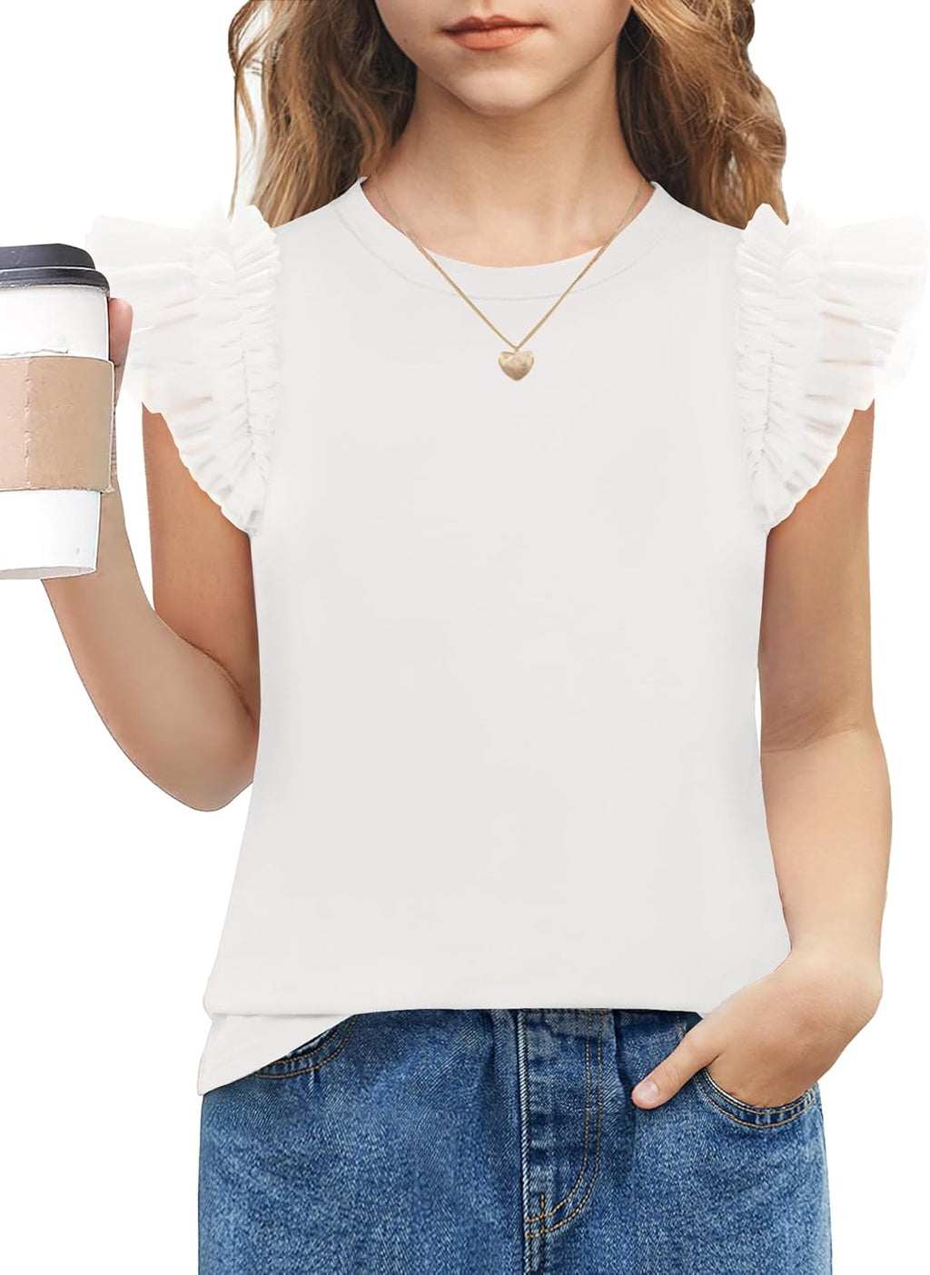 Arshiner T-shirt met kanten mouwen voor meisjes, zomertop, ronde hals, korte mouwen, casual, effen, 5-14 jaar
