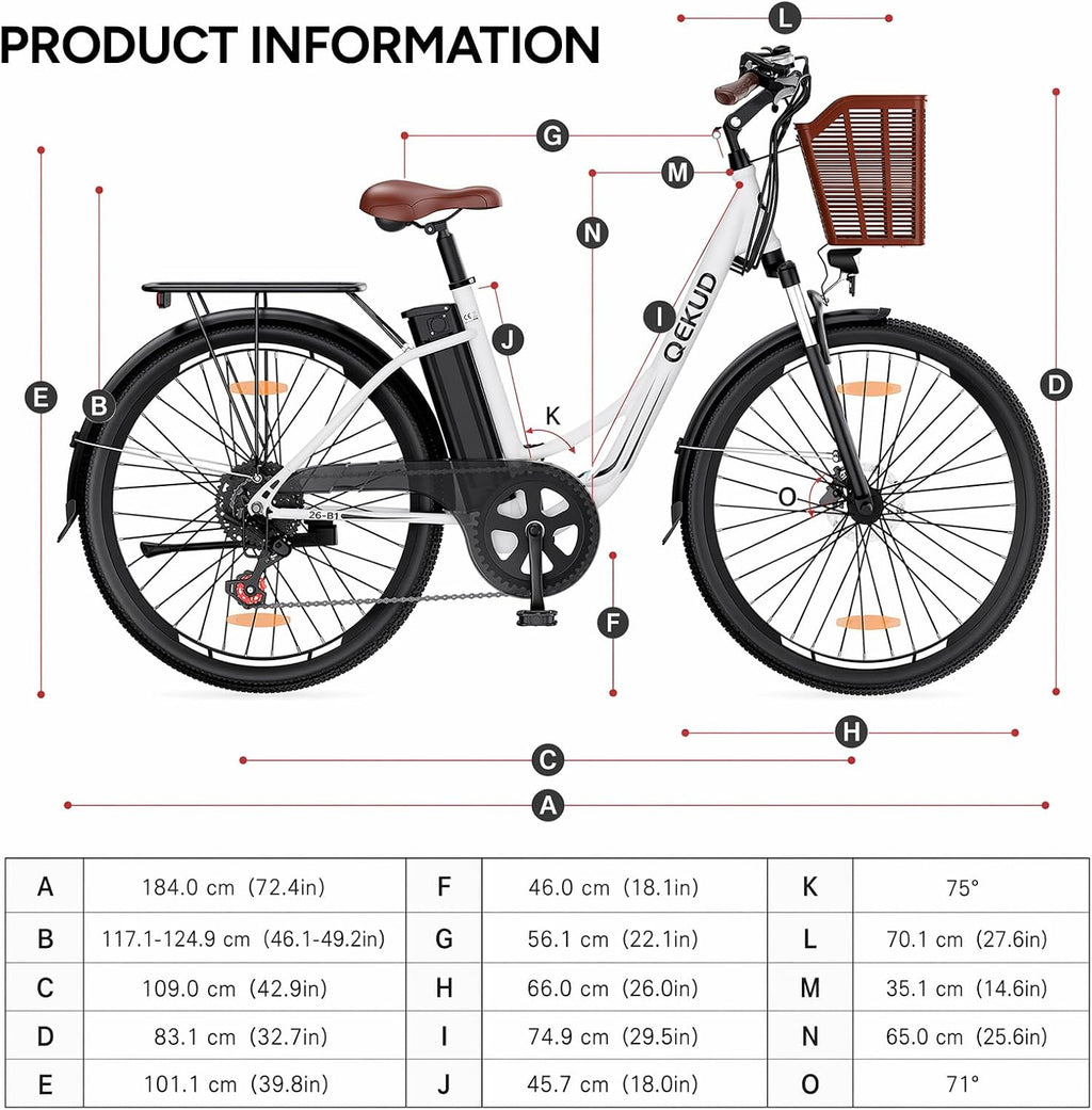 E-bike voor dames en heren, 26 inch, met mand, stadsfiets, trekkingfiets met 36 V 13 Ah accu, wit