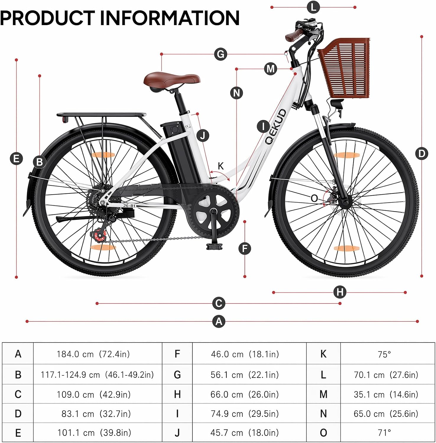 E-bike voor dames en heren, 26 inch, met mand, stadsfiets, trekkingfiets met 36 V 13 Ah accu, wit