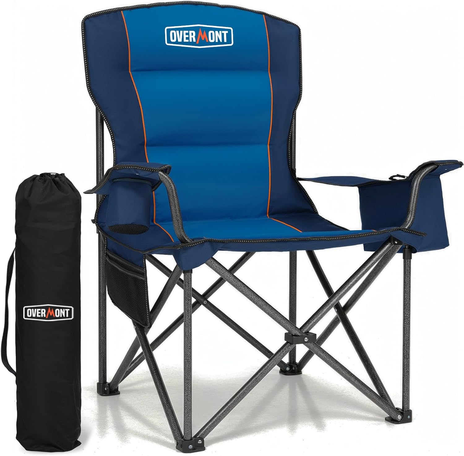 OVERMONT Extra grote campingstoel, volledig gevoerd, met koeltas en draagtas, robuuste klapstoel, draagbaar, belastbaar tot 175 kg, voor buiten, strand, tuin, picknick