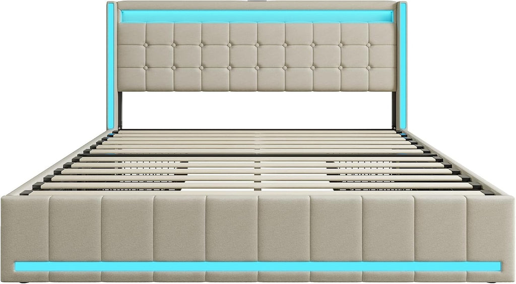 Lit Double 140x200 cm – 4 Tiroirs de Rangement, Éclairage LED +6000 Couleurs & Tête de Lit Réglable en PU