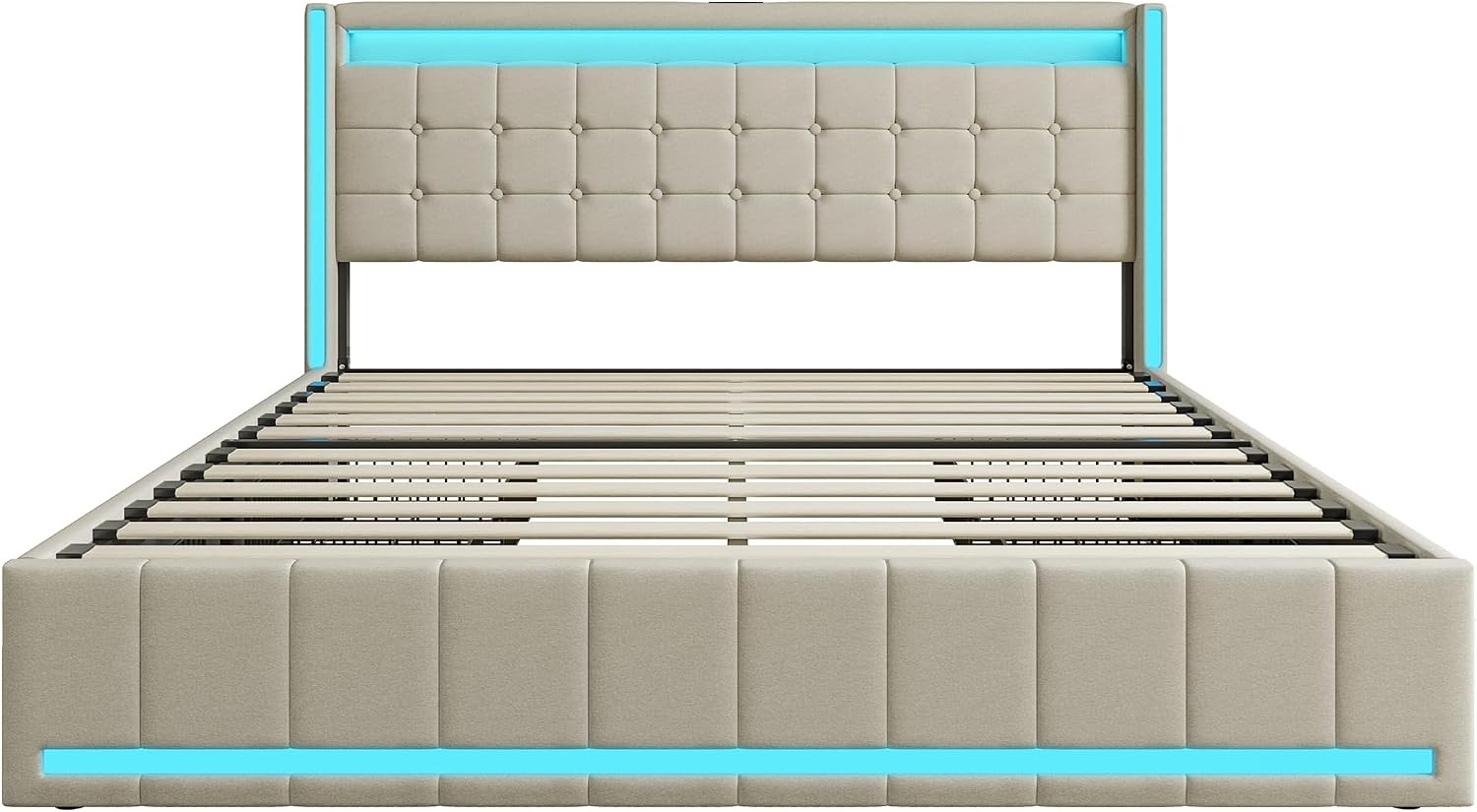 Lit Double 140x200 cm – 4 Tiroirs de Rangement, Éclairage LED +6000 Couleurs & Tête de Lit Réglable en PU