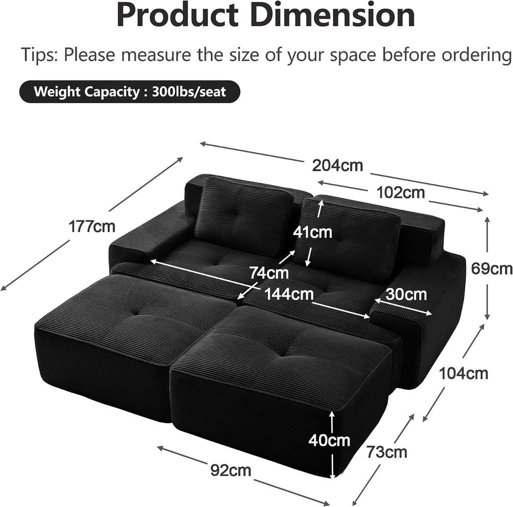 Canapé modulable en L Bladez – 3+1 places – Tissu côtelé kaki clair – Assise profonde