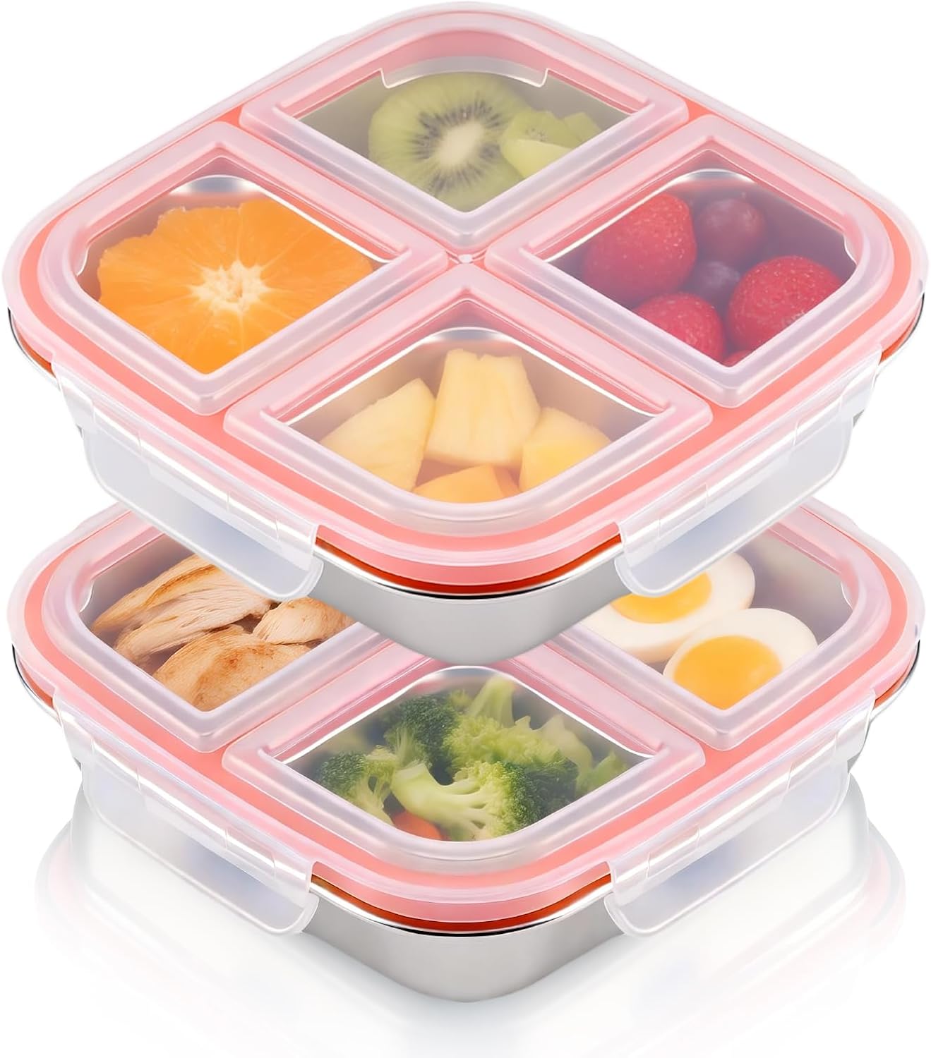 Snack Boxes with 4 Compartments, Reusable Stainless Steel Lunch Boxes for Kids and Adults, Leakproof Bento Boxes with Lids for Home Work (2 Pack)