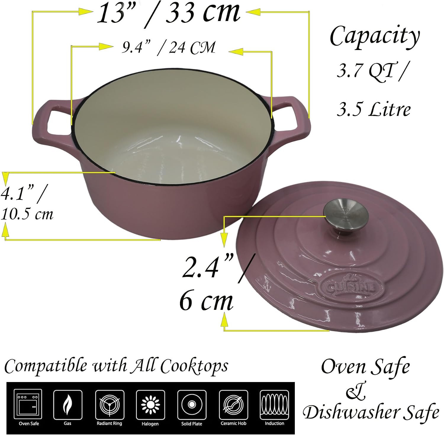 Cocotte Ovale en Fonte Émaillée La Cuisine – 5 L, Canneberge, Bouton Doré, Induction